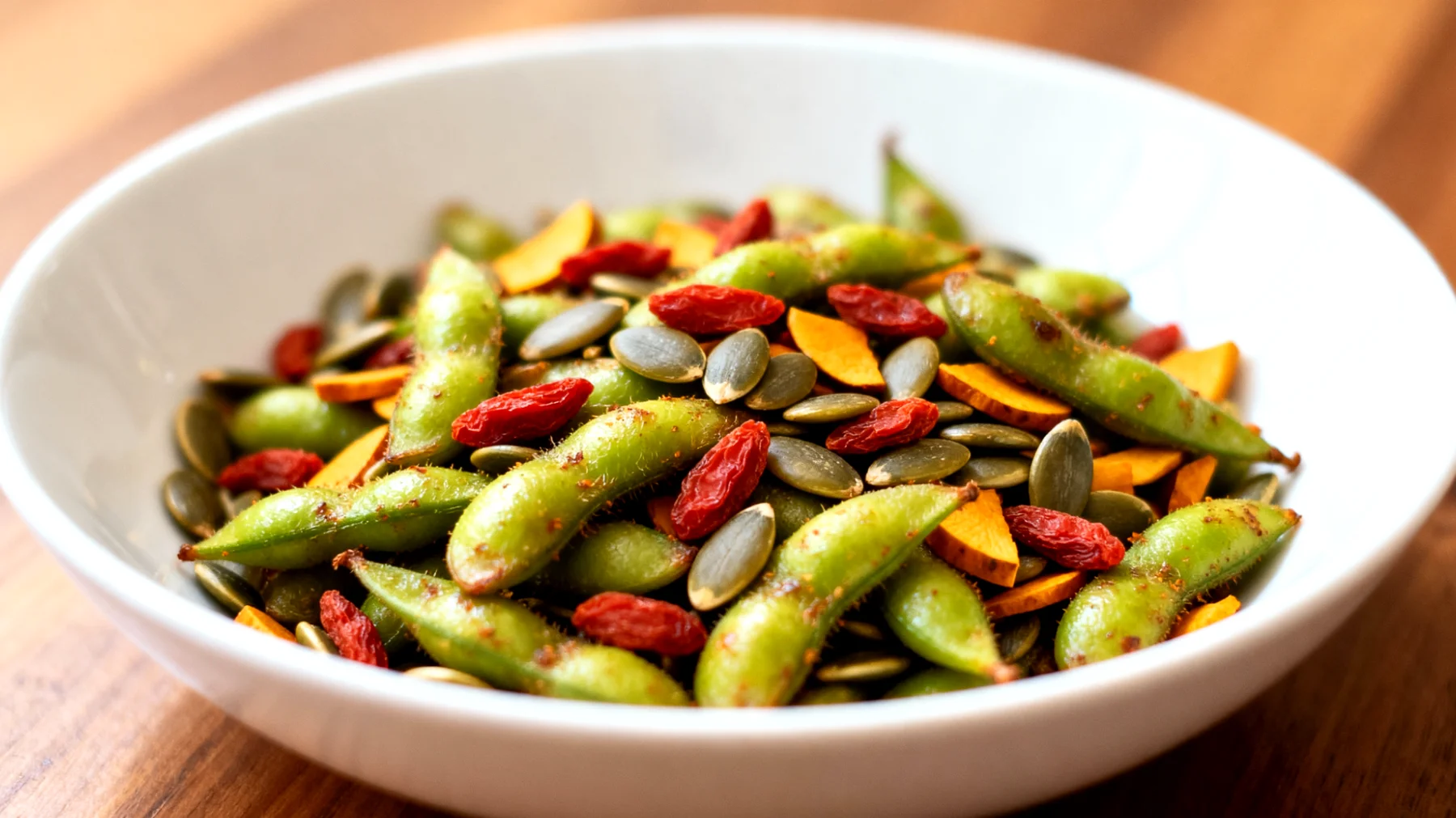 Edamame tostati con semi di zucca e bacche di goji"