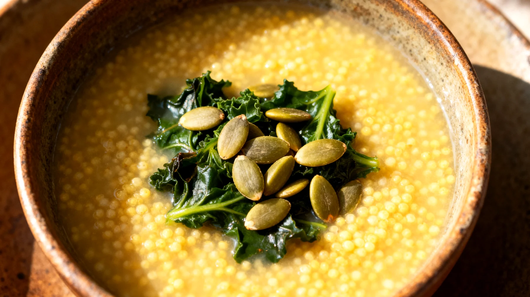 Zuppa di miglio con verdure amare e semi di zucca"