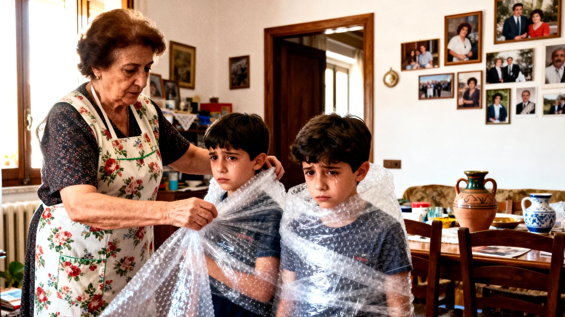 Nonna che tende a proteggere eccessivamente i nipoti bambini, limitando la loro autonomia e le normali esperienze di crescita per paura che si facciano male o vivano situazioni spiacevoli"
